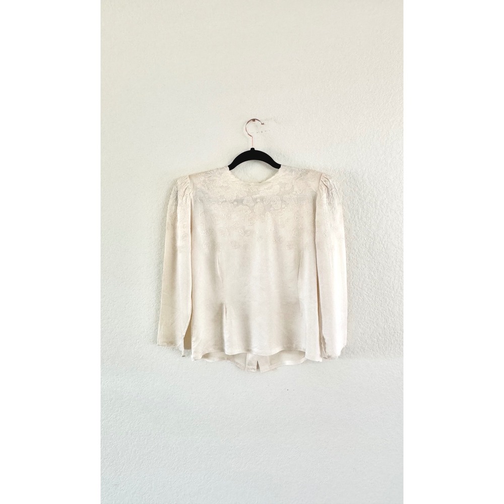 Vintage Embroidered Blouse Women Small Cream Silk Floral Lattice Romantic Top